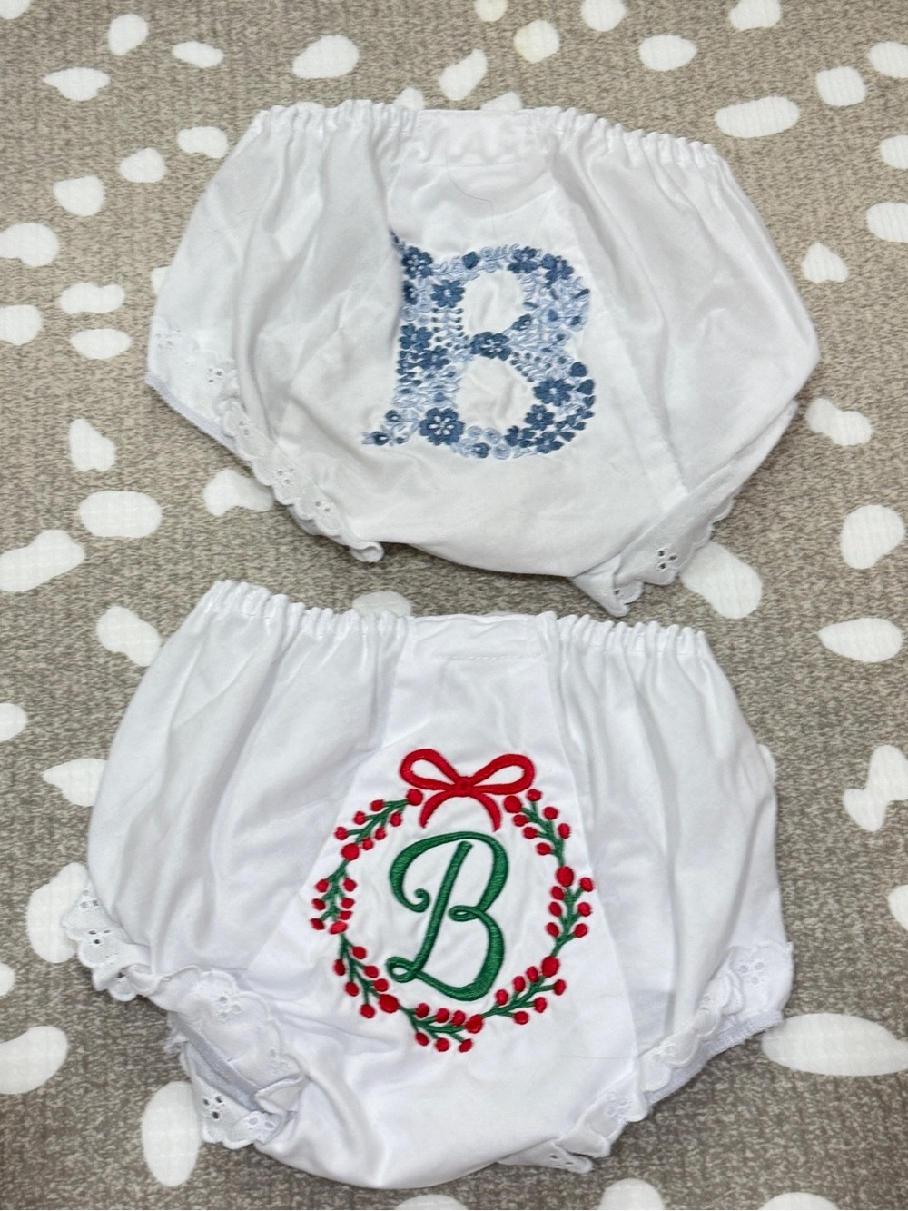 B Monogrammed bloomers eyelet diaper cover embroidered floral Christmas toddler